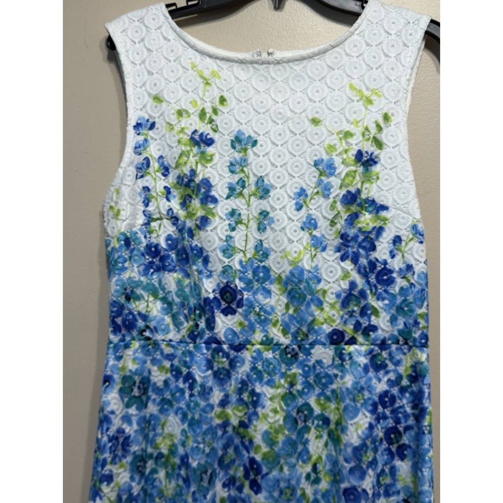 Dress Studio One Sz 12 Women's White Blue Floral Scoop Neck A-Line Textured Lace - Picture 3 of 6